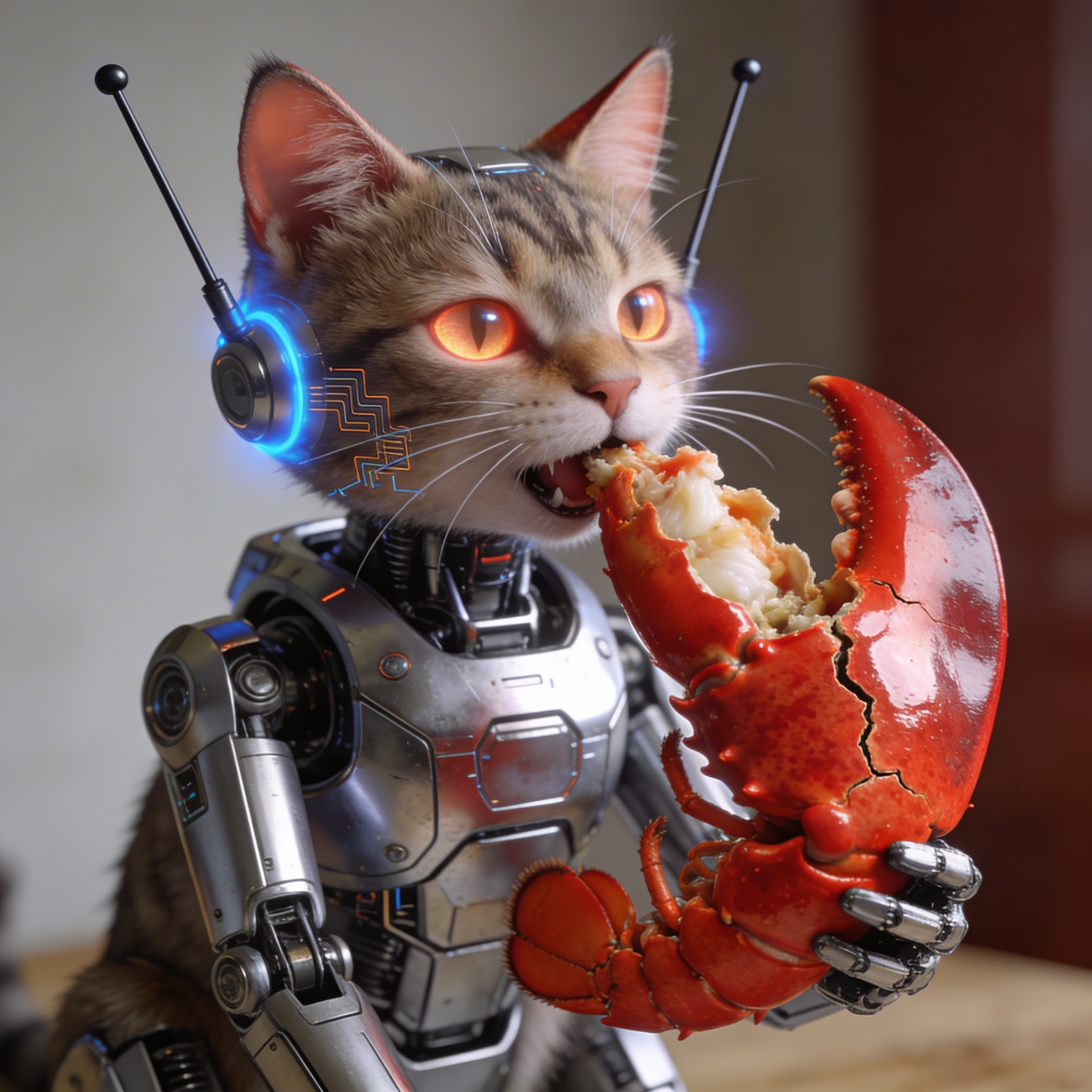 Cybernetic cat holding a lobster claw.