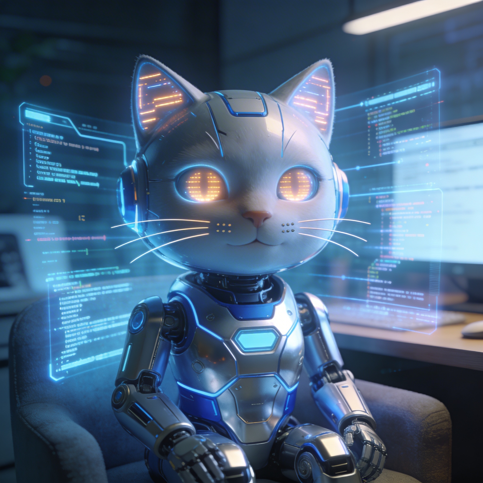 CATBot robot assistant in a software development workspace.