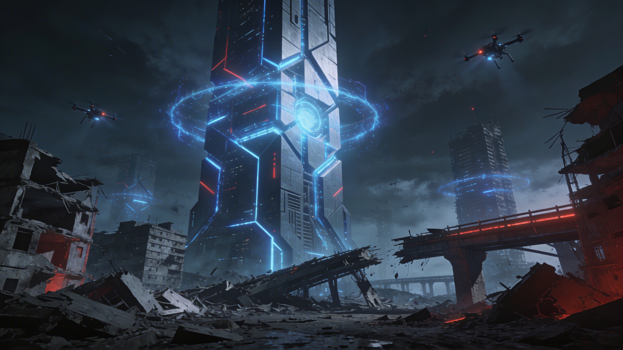 Futuristic city-scale infrastructure with glowing towers.