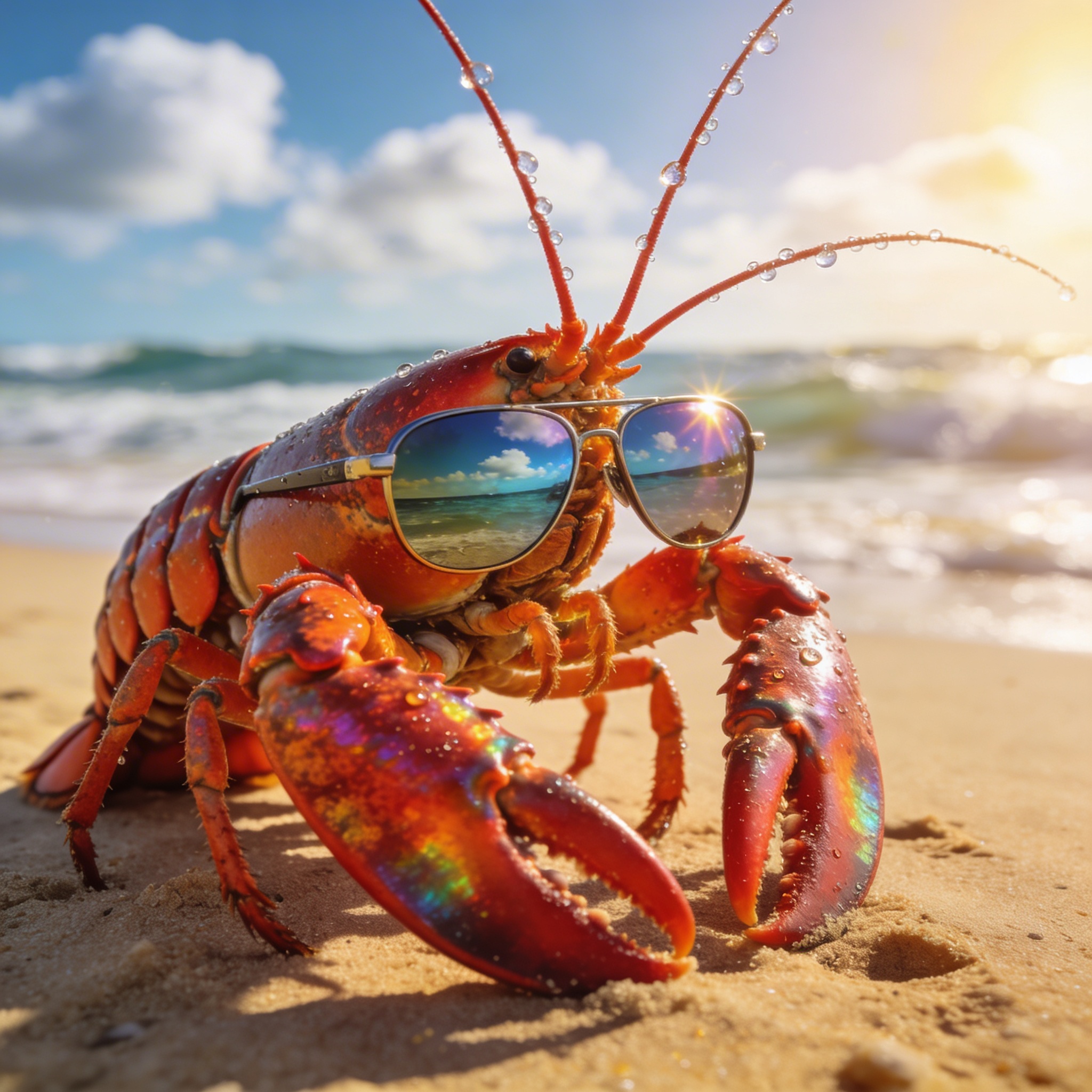 Lobster wearing sunglasses on a beach.